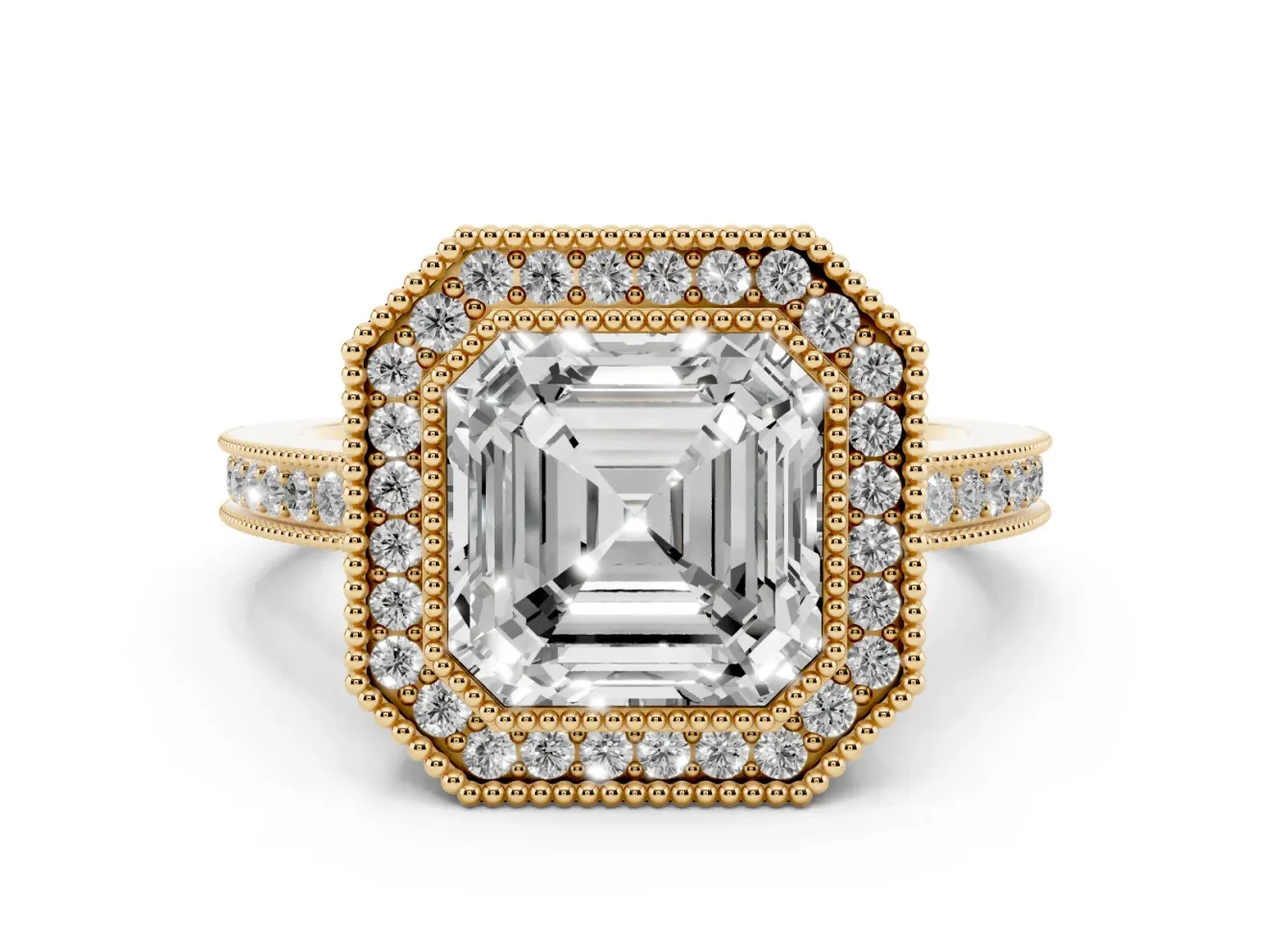 Asscher Cut Diamond Halo Ring Set in Yellow gold with Pavé Band and Milgrain-Edged Prongs