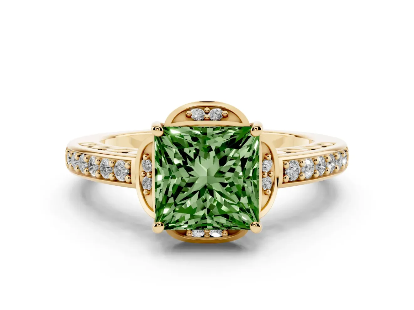 Princess Cut Floral Pavé Engagement Ring Setting for a Fancy Green Lab-Grown Diamond | Yellow Gold