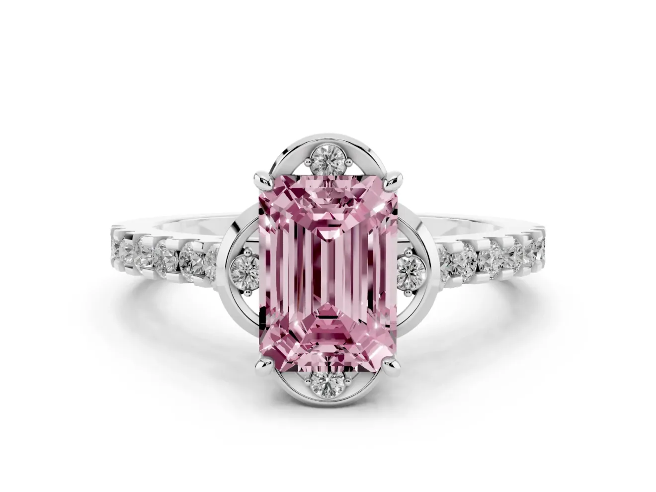 Emerald Cut Floral Engagement Ring Setting for a Fancy Pink Lab-Grown Diamond | Pavé Band | Platinum