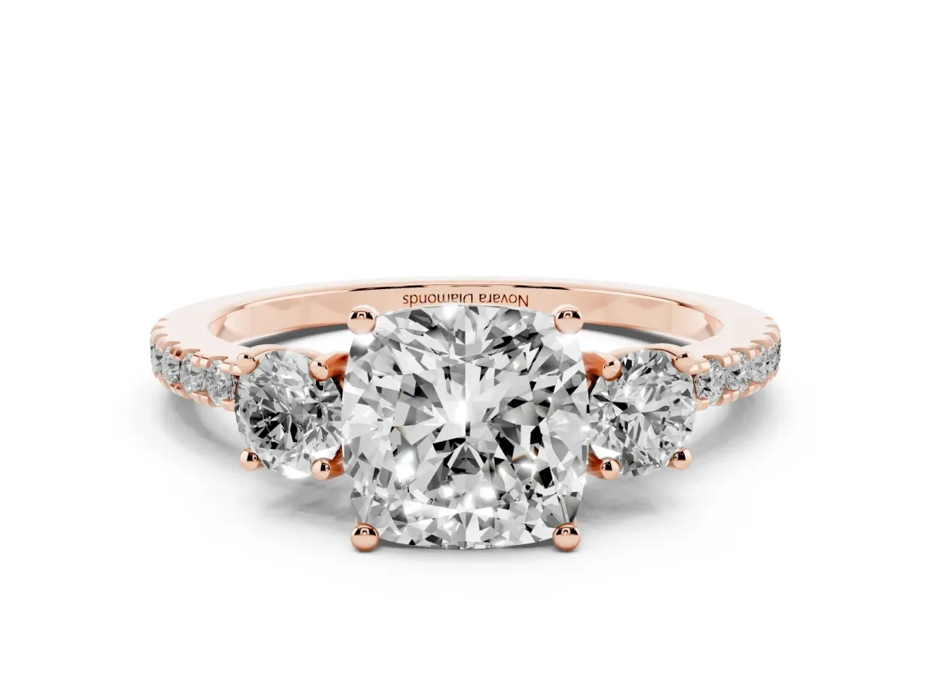 Cushion Cut Three Stone Engagement Ring Setting | Pave Shoulders | Rose Gold