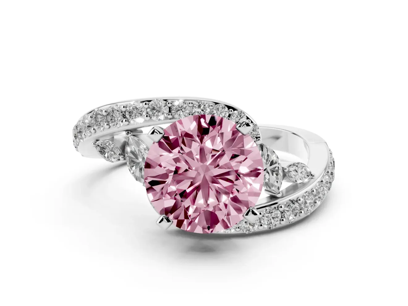 Fancy Pink Round Cut Diamond Solitaire Ring Set in White gold with Pavé Twist Band and Secure Prong Setting
