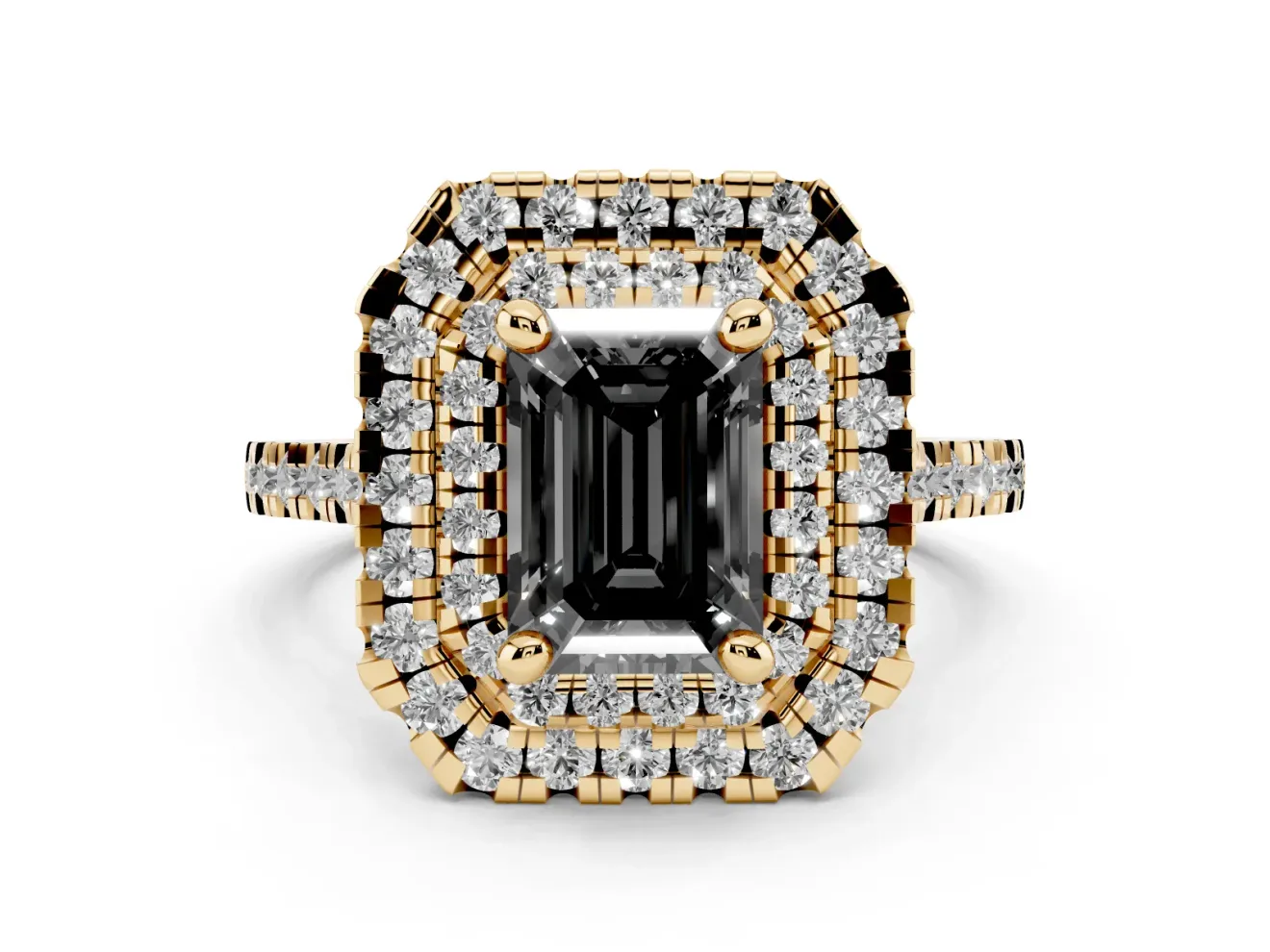 Fancy Black Emerald Cut Diamond Double Halo Statement Ring Set in Yellow gold with Pavé Band