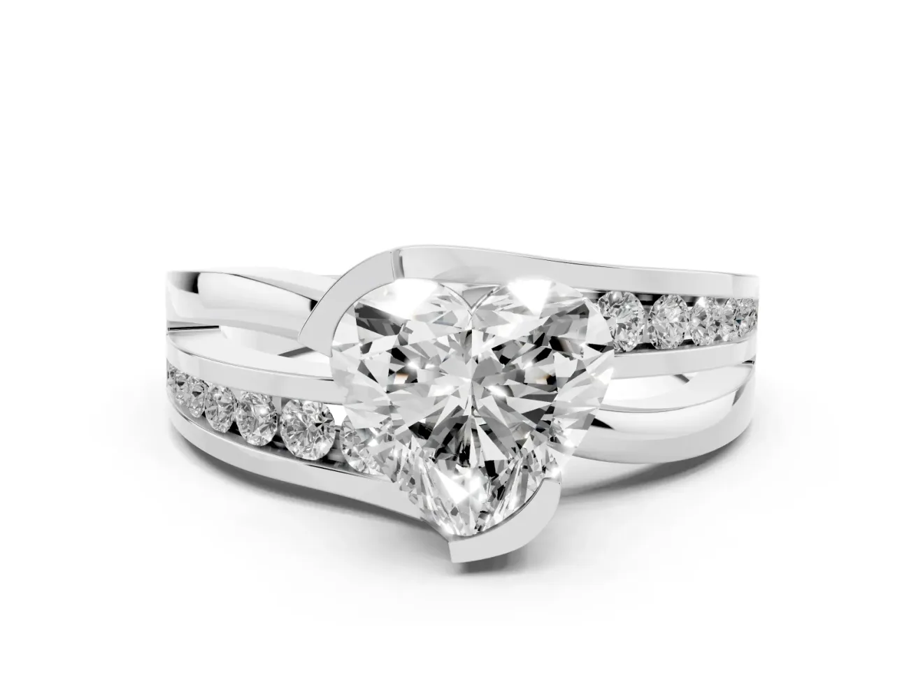 Heart-Shaped Graduated Channel Bypass Engagement Ring Setting | Split Shank | White Gold