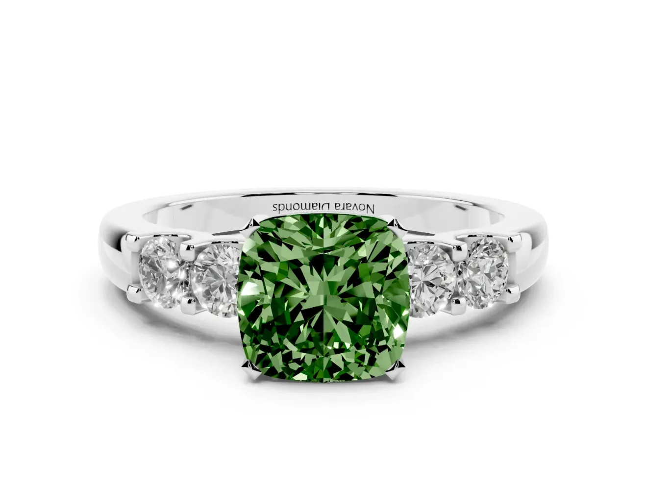 Fancy Green Cushion Cut Diamond Five-Stone Prong Set Engagement Ring Set in White gold with Channel Band