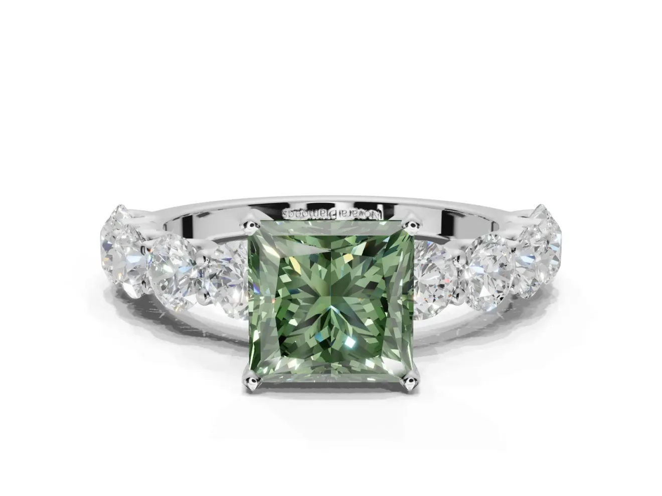 Princess Cut Side Stone Engagement Ring Setting for a Fancy Green Lab-Grown Diamond | Scalloped Prong Accents | Platinum