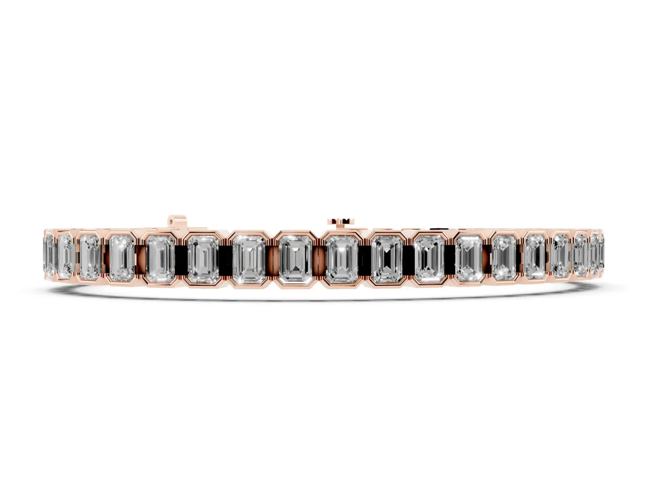 Emerald Cut Lab-Grown Diamond Bezel Tennis Bracelet | Grooved Hinge Links | Rose Gold