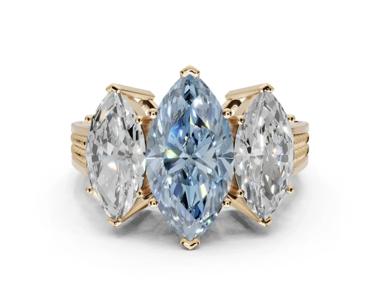 Marquise Three Stone Engagement Ring Setting for a Fancy Blue Lab-Grown Diamond | Beaded Shoulders | Yellow Gold