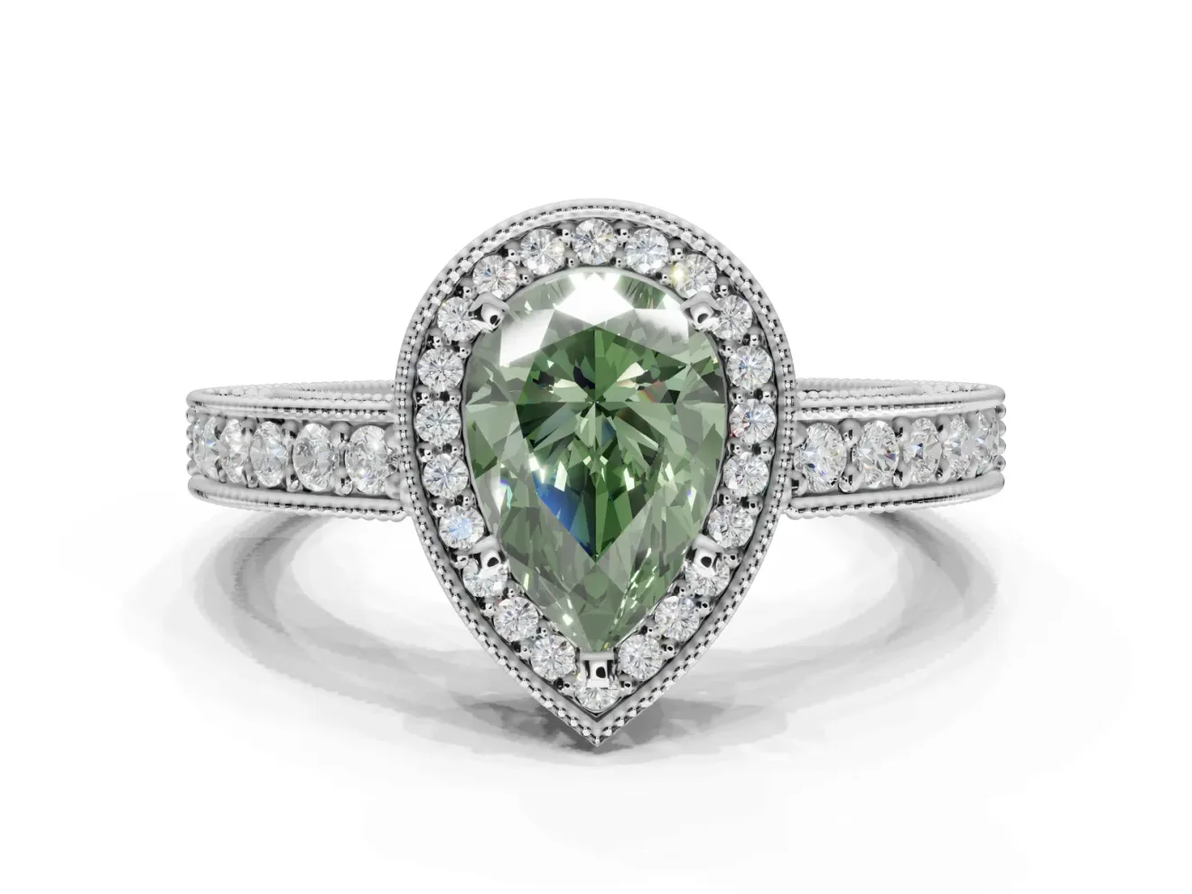 Pear-Shaped Milgrain Halo Engagement Ring Setting for a Fancy Green Lab-Grown Diamond | Wide Pavé Band | White Gold
