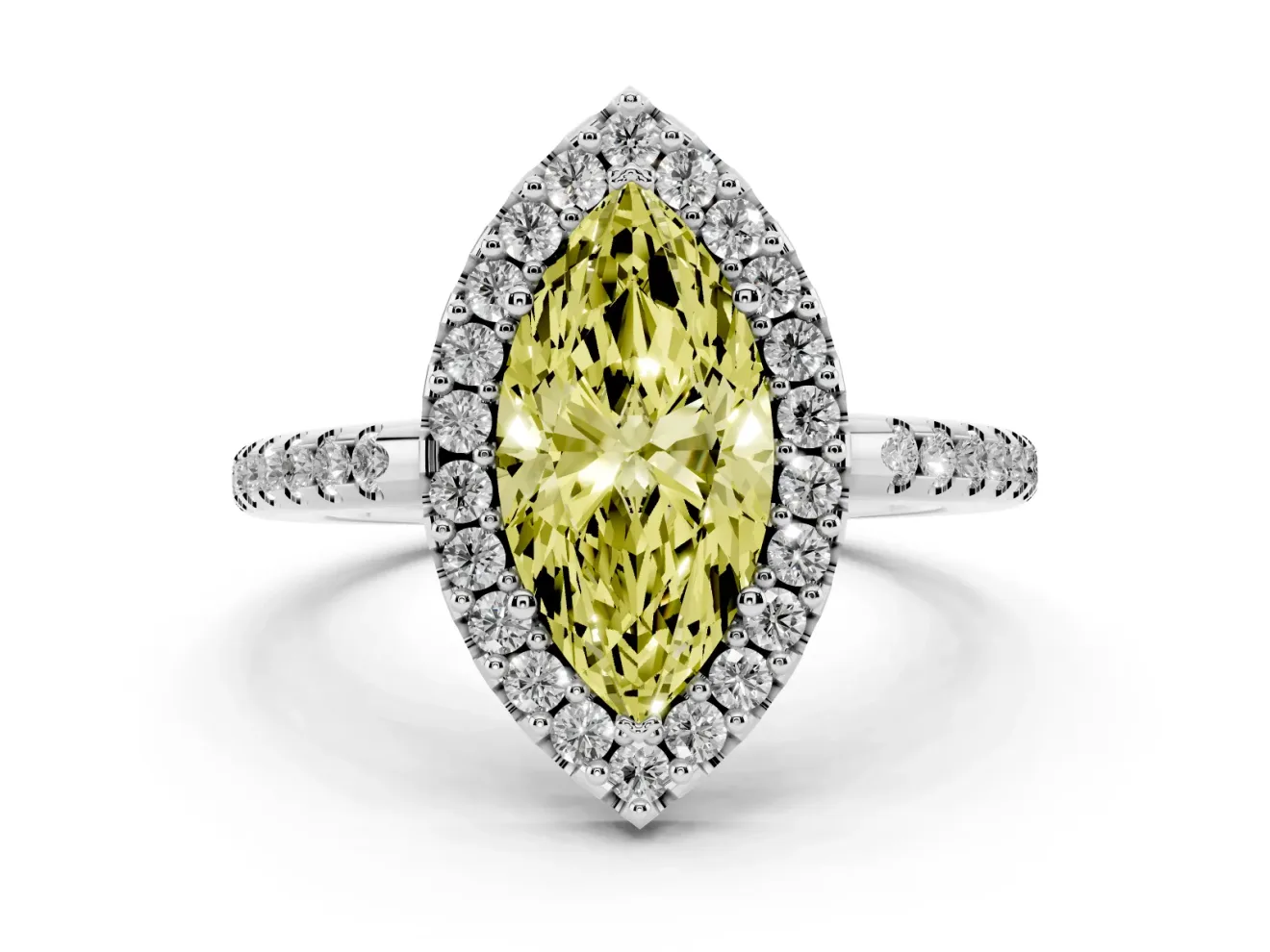 Marquise Pave Halo Engagement Ring Setting for a Fancy Yellow Lab-Grown Diamond | Pave Band | Platinum