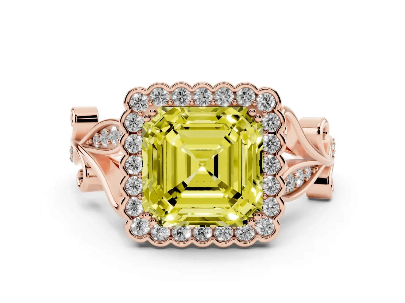 Asscher Cut Leaf Halo Engagement Ring Setting for a Fancy Yellow Lab-Grown Diamond | Rose Gold