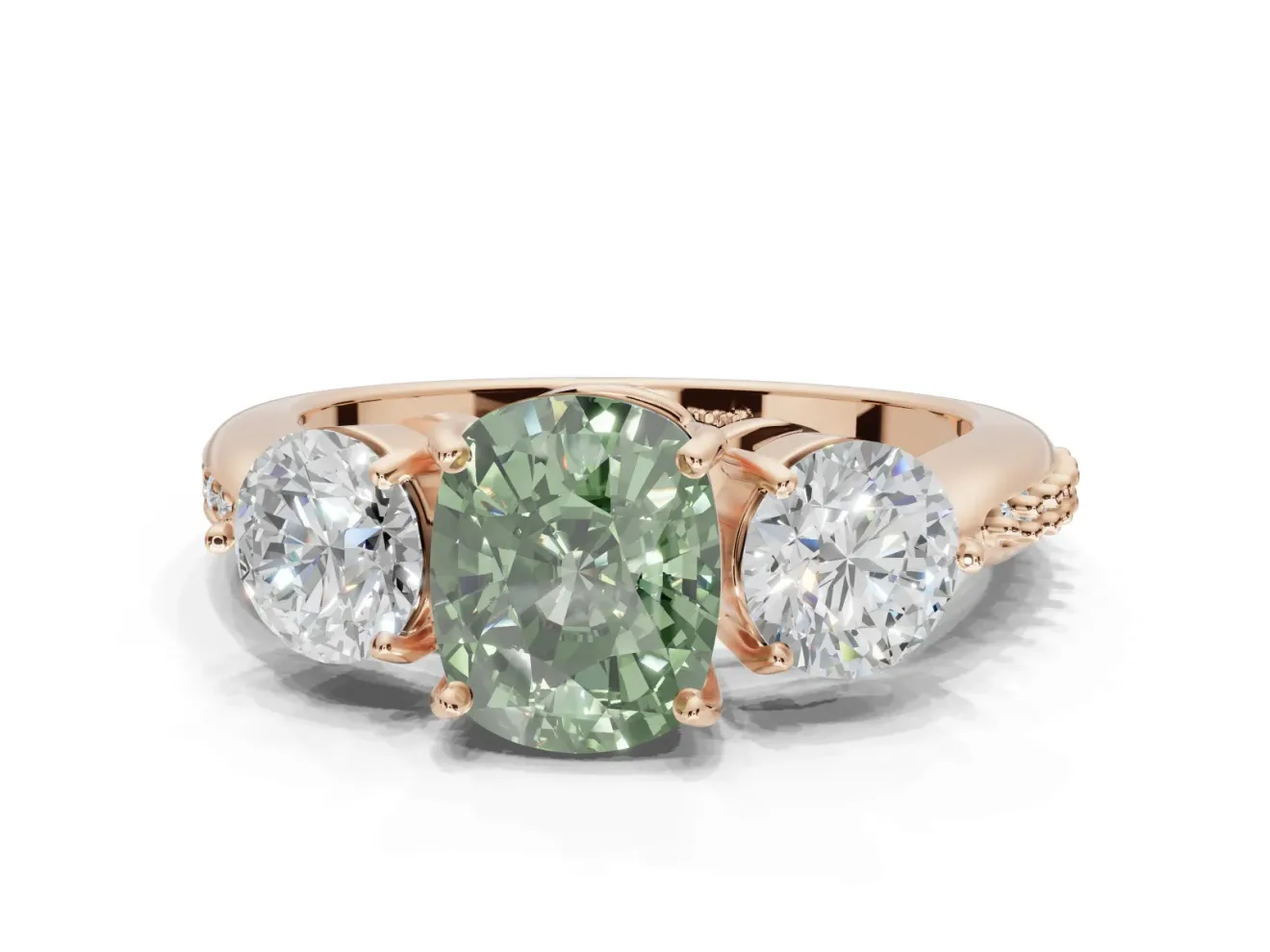 Cushion Cut Three Stone Engagement Ring Setting for a Fancy Green Lab-Grown Diamond | Tapered Pave Band | Rose Gold