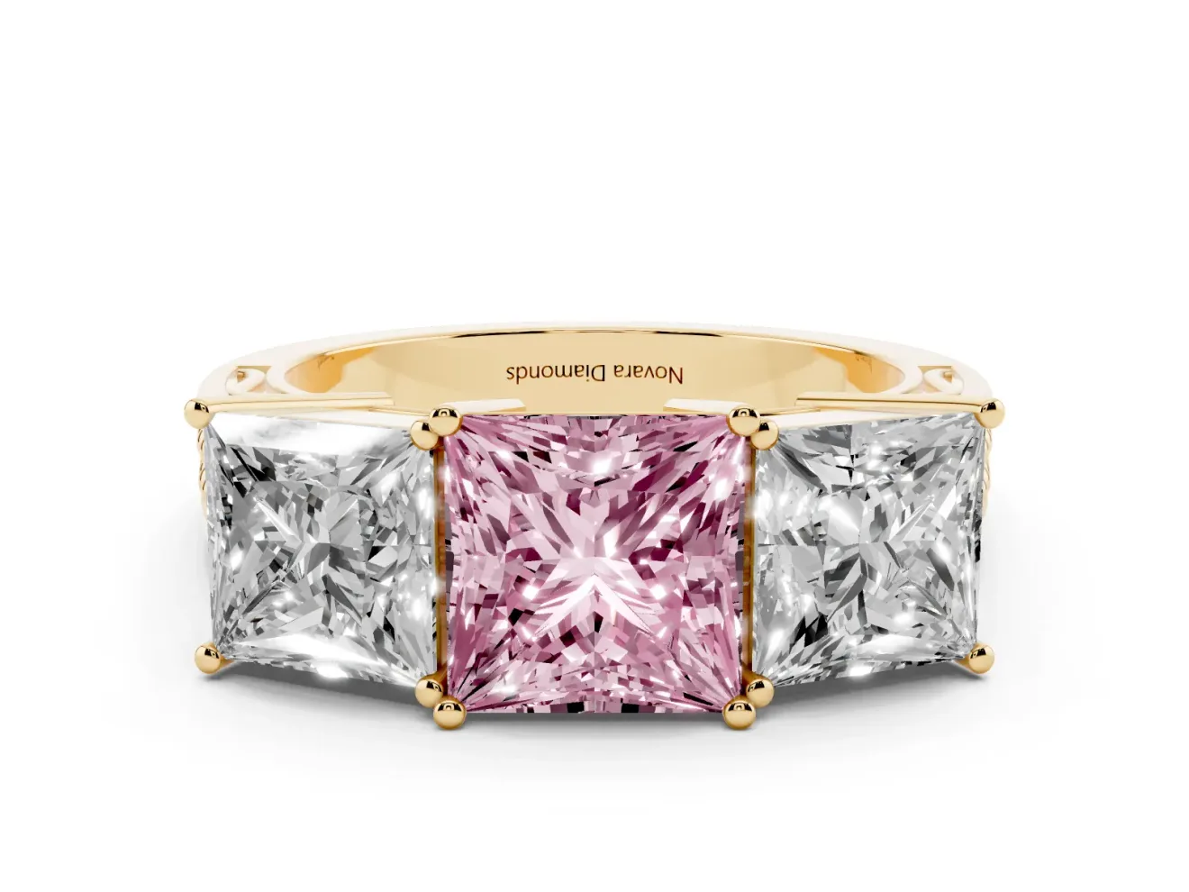 Princess Cut Three Stone Engagement Ring Setting for a Fancy Pink Lab-Grown Diamond | Beaded Shoulders | Yellow Gold