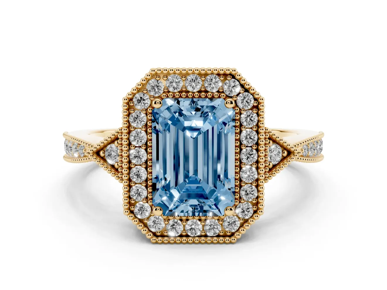 Fancy Blue Emerald Cut Diamond Halo Engagement Ring Set in Yellow gold with Milgrain Pavé Band