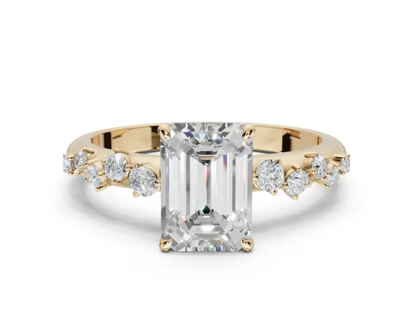 Emerald Cut Solitaire Engagement Ring Setting | Graduated Scattered Accents | Yellow Gold