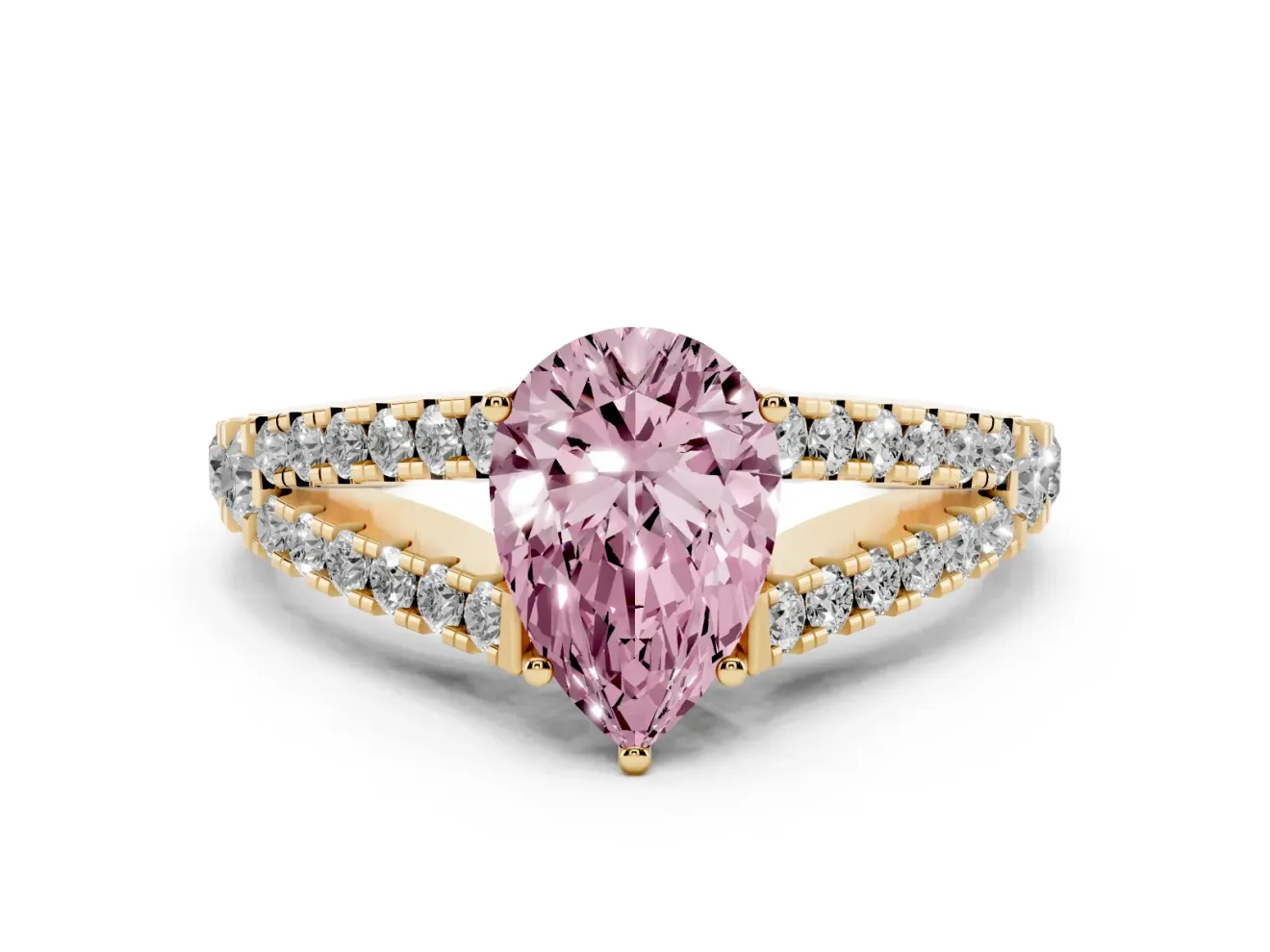Pear-Shaped Graduated Split Shank Engagement Ring Setting for a Fancy Pink Lab-Grown Diamond | Yellow Gold