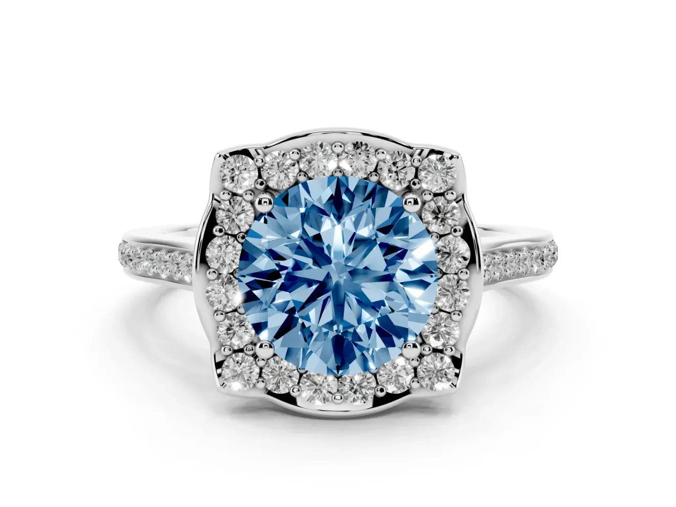 Round Halo Engagement Ring Setting for a Fancy Blue Lab-Grown Diamond | Petal Tips | Sterling Silver