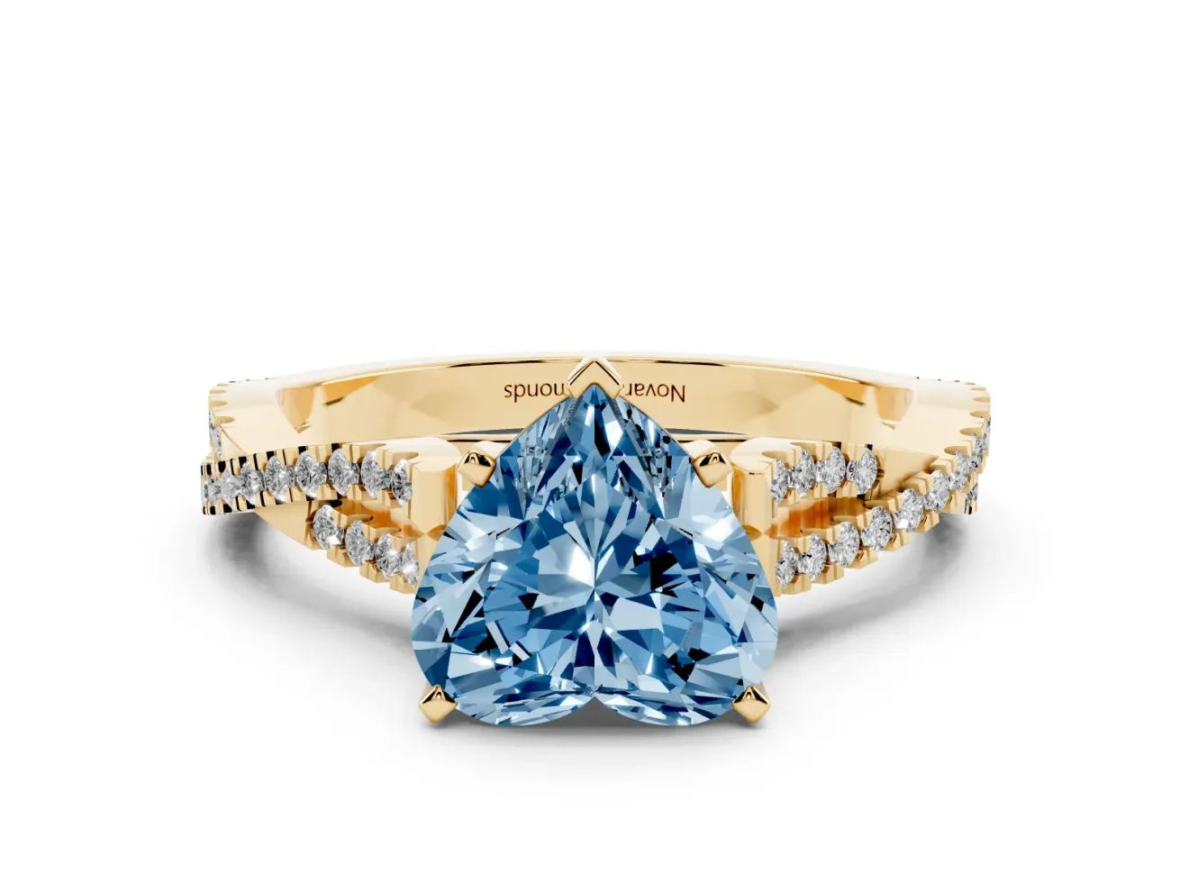 Fancy Blue Heart Cut Diamond Solitaire Engagement Ring Set in Yellow gold with Twisted Pavé Band and Prong Setting