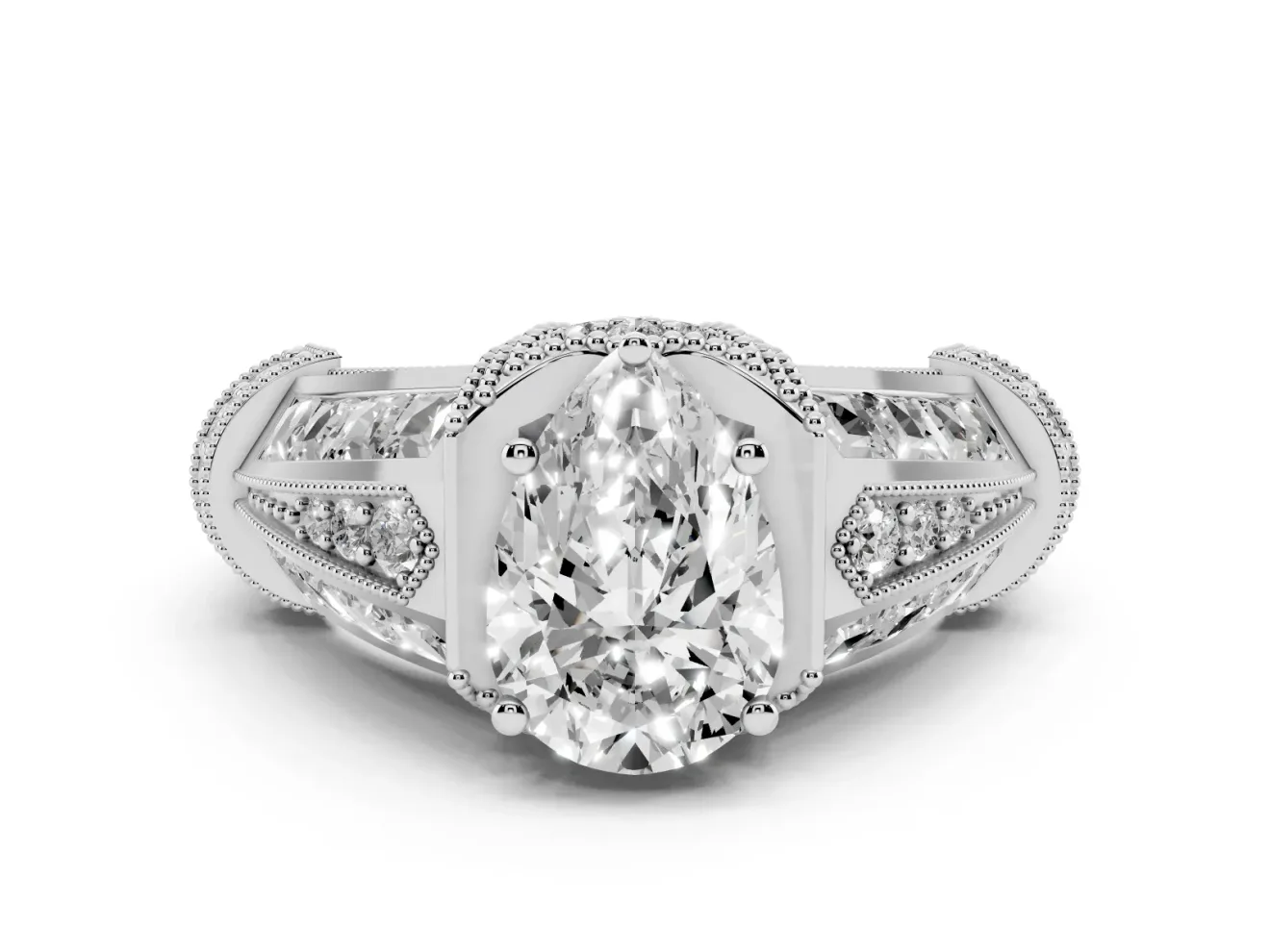 Pear Cut Diamond Vintage-Inspired Milgrain Ring Set in Silver with Accent Split Shank