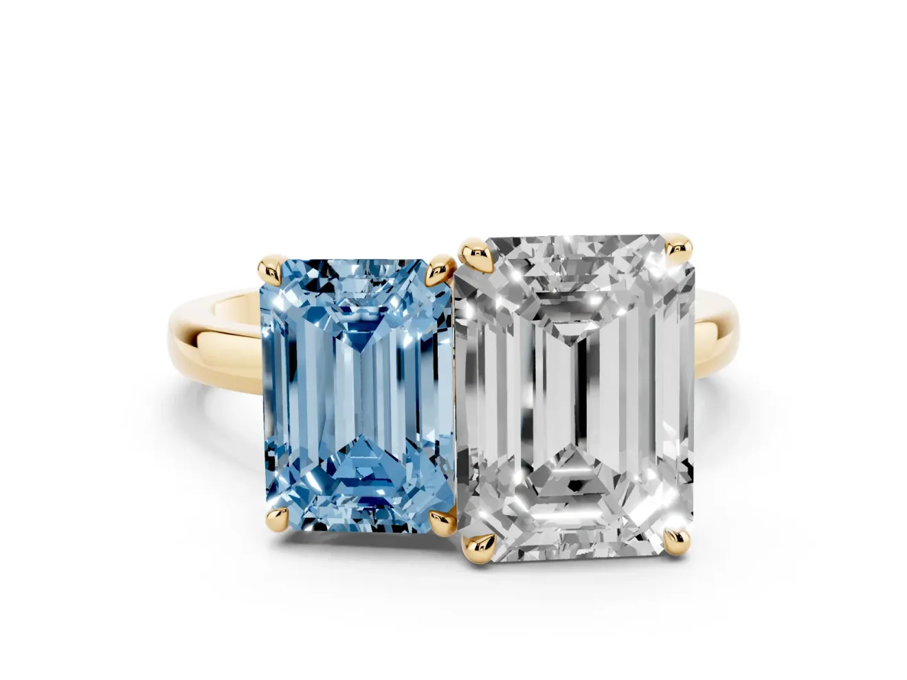 Fancy Blue Emerald Cut and Emerald Cut Toi Moi Ring Set in Yellow gold with Prong Setting