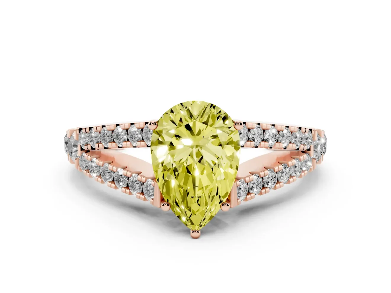Pear-Shaped Graduated Split Shank Engagement Ring Setting for a Fancy Yellow Lab-Grown Diamond | Rose Gold