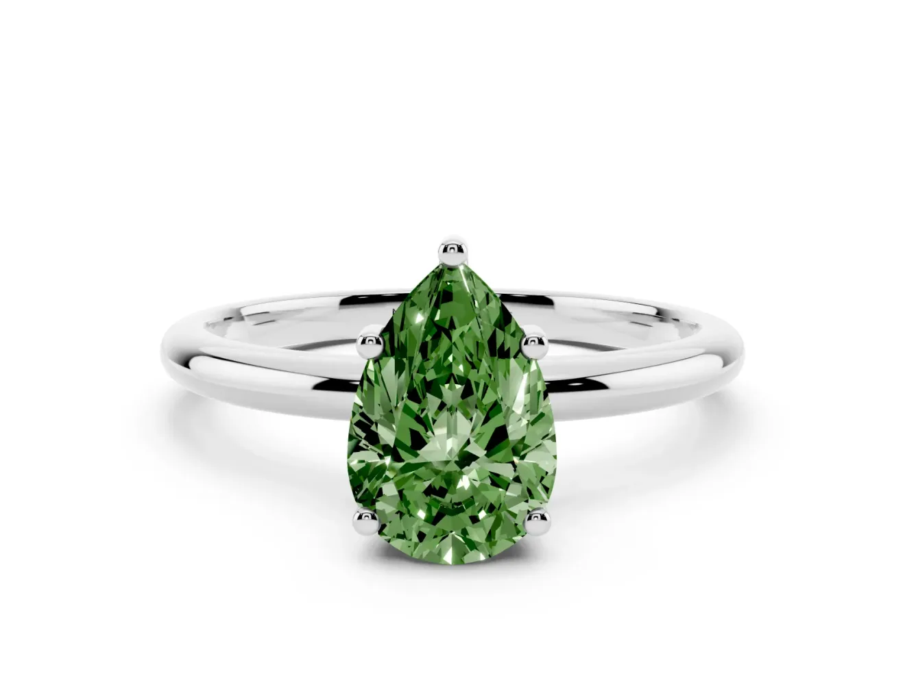 Fancy Green Pear Cut Diamond Solitaire Engagement Ring Set in Silver with Prong Setting and Polished Band