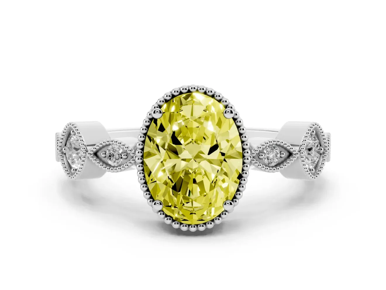 Fancy Yellow Oval Cut Diamond Vintage-Inspired Milgrain Ring Set in Silver with Marquise Stations of Round Accents