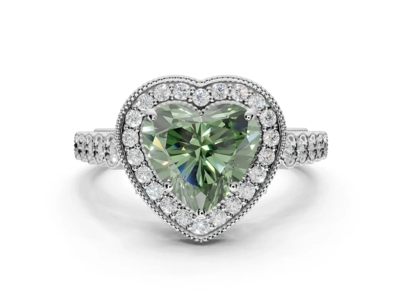 Fancy Green Heart-Shaped Lab-Grown Diamond Milgrain Halo Solitaire Ring Set in Sterling Silver with Bezel Set Side Stones and Pavé Band