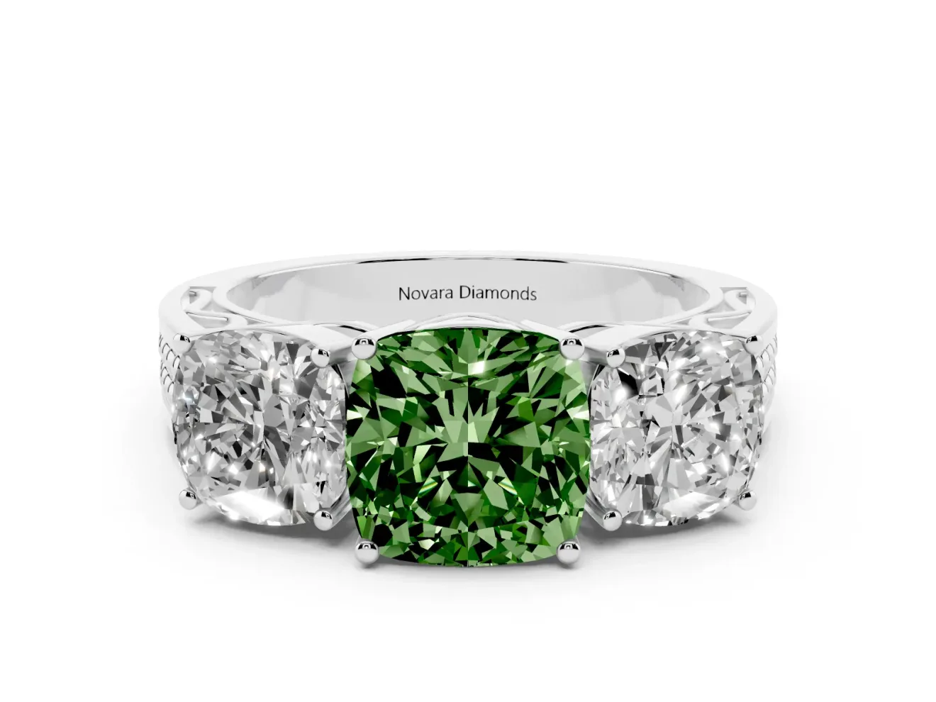Fancy Green Cushion Cut Diamond Three-Stone Ring Set in Platinum with Textured Band
