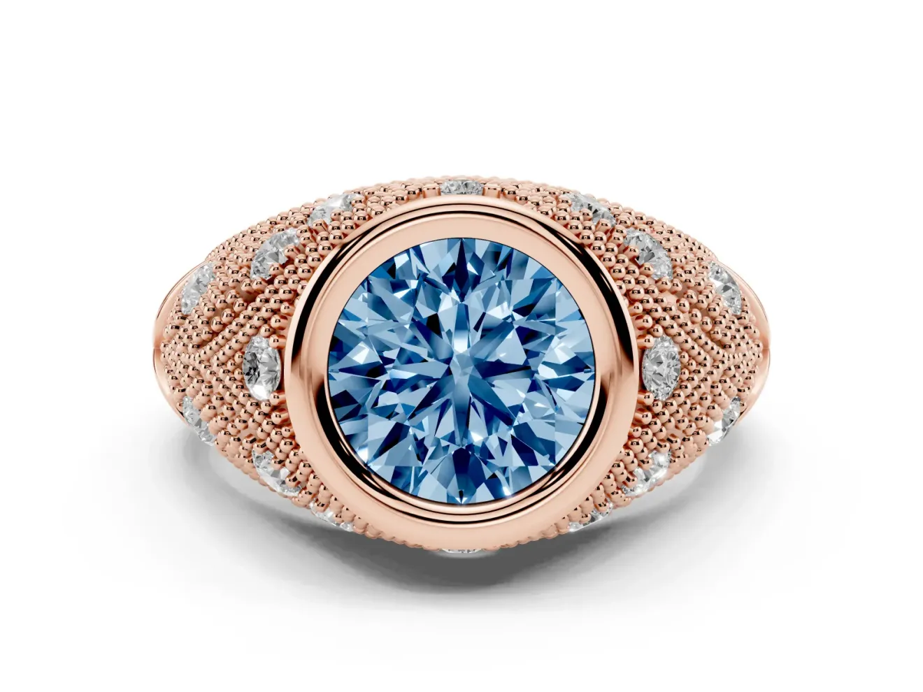Fancy Blue Round Cut Diamond Bezel Ring Set in Rose gold with Milgrain Accent Band
