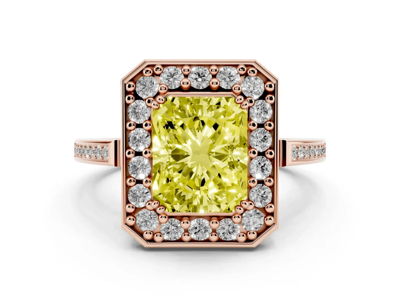 Radiant Cut Halo Engagement Ring Setting for a Fancy Yellow Lab-Grown Diamond | Polished Halo Rim | Rose Gold