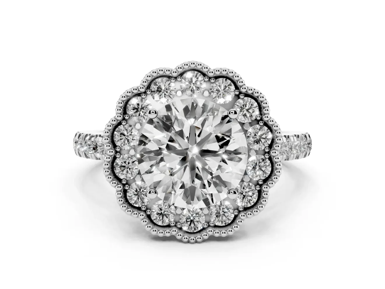 Round Cut Diamond Milgrain Floral Halo Engagement Ring Set in Platinum with Pavé Band