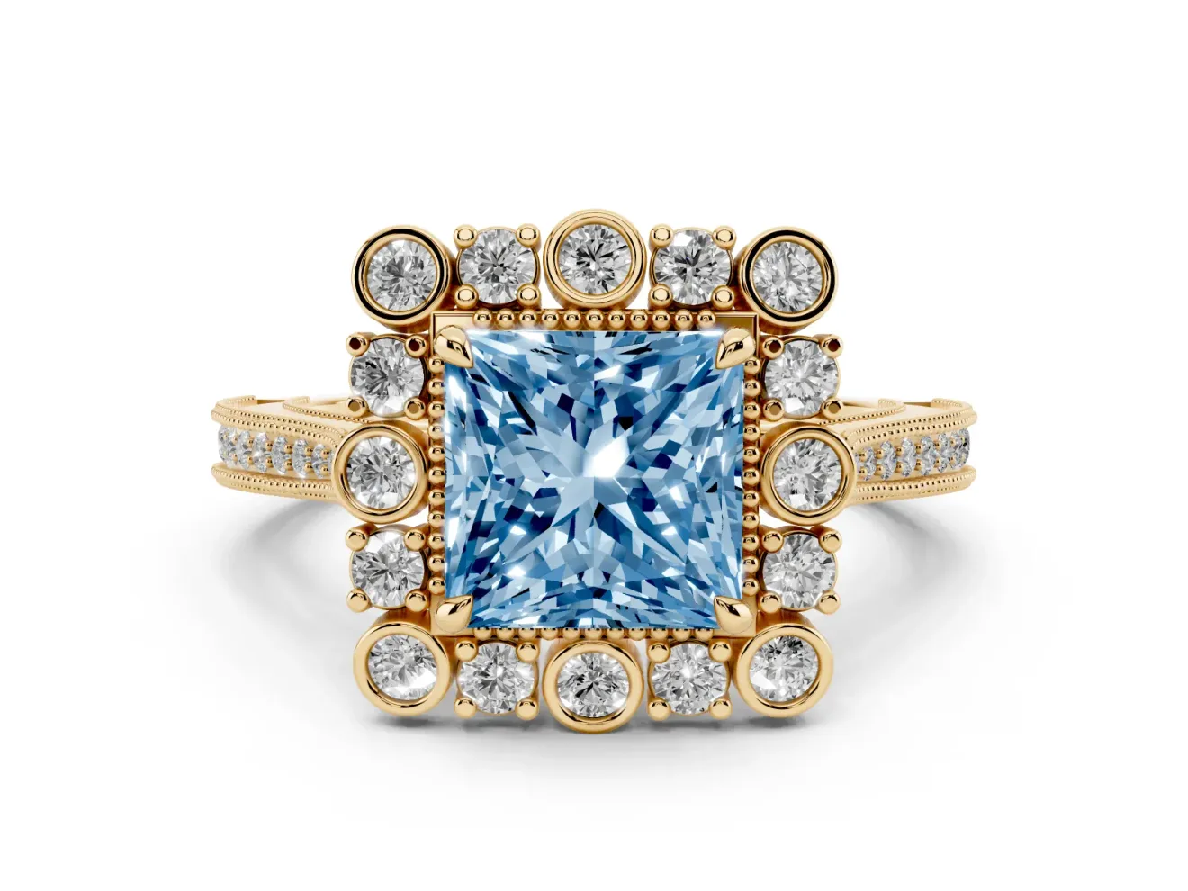 Fancy Blue Princess Cut Diamond Halo Milgrain Pavé Ring Set in Yellow gold with Prong Setting