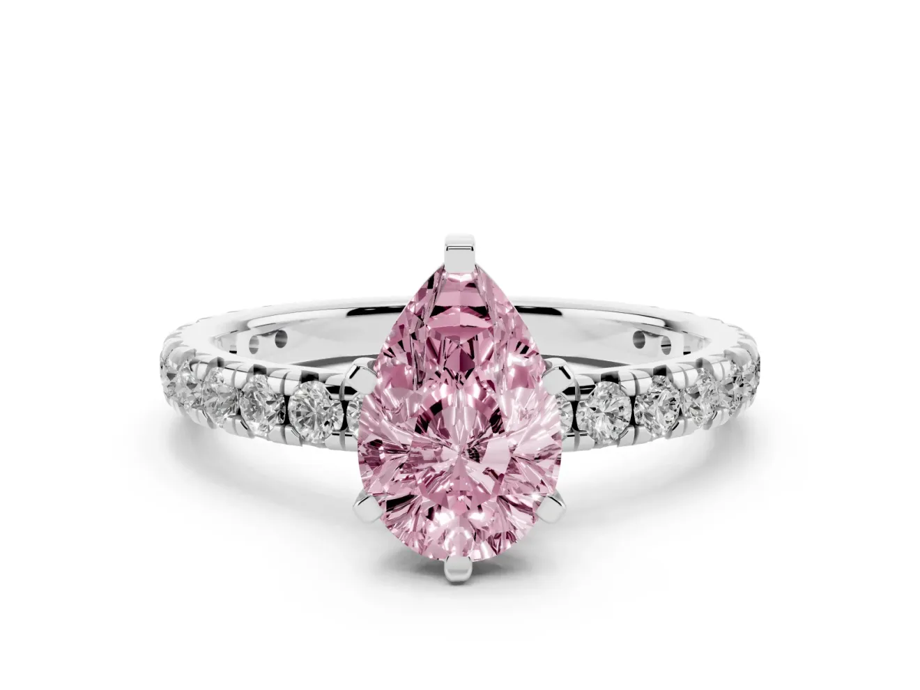 Fancy Pink Pear Cut Diamond Pavé Solitaire Ring Set in Platinum with Round Band and Prong Setting