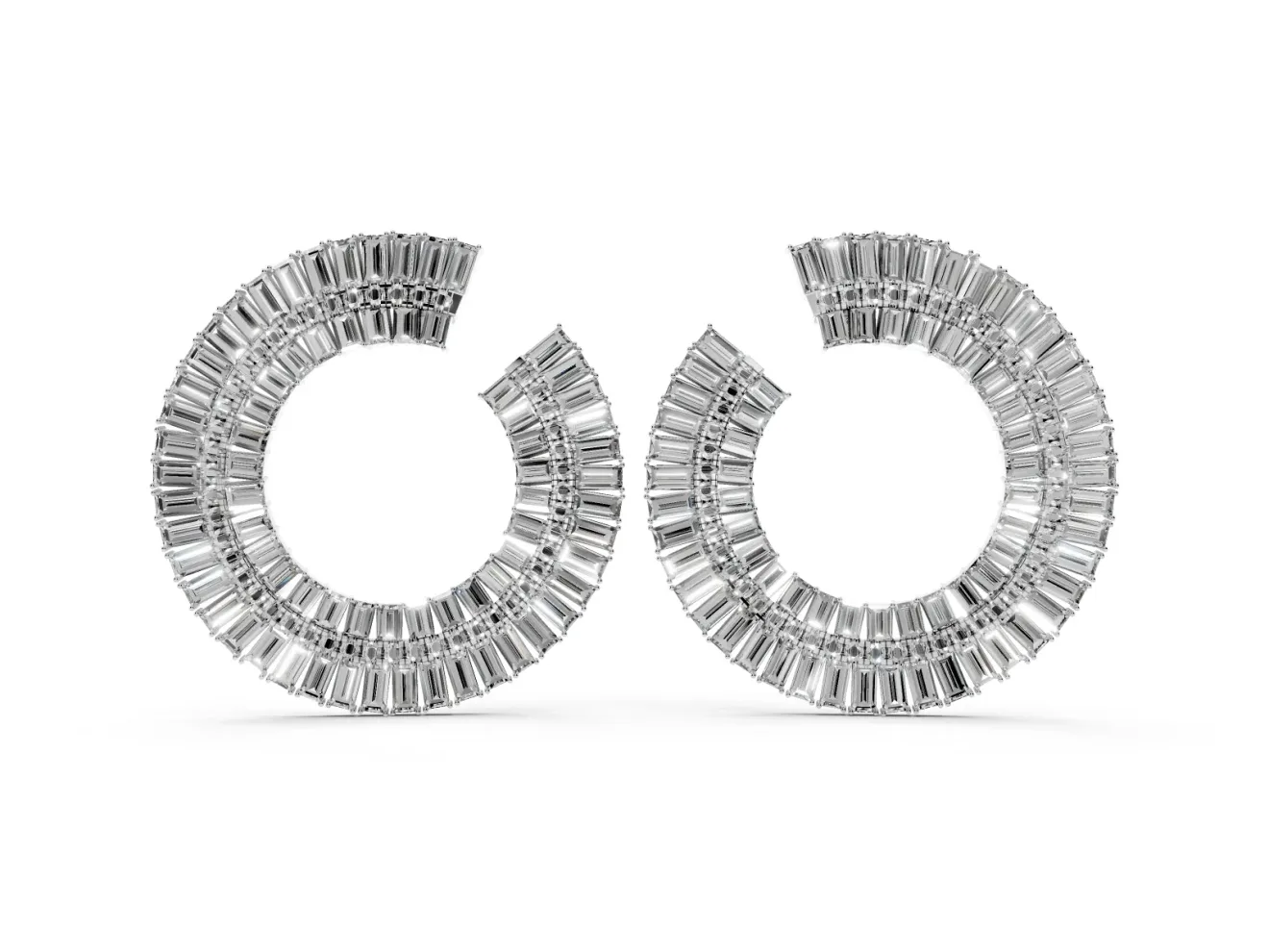 Baguette and Round Lab-Grown Diamond Fanned Open Hoop Earrings | Sunburst Rows | Platinum