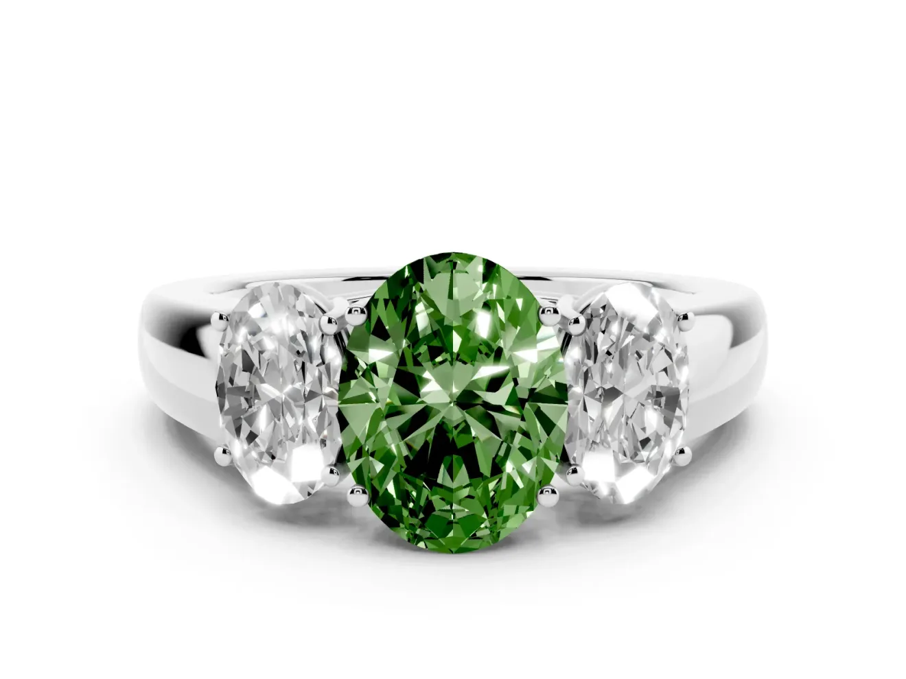 Fancy Green Three-Stone Oval Cut Diamond Ring Set in Platinum with Matching Prong Settings and Plain Band