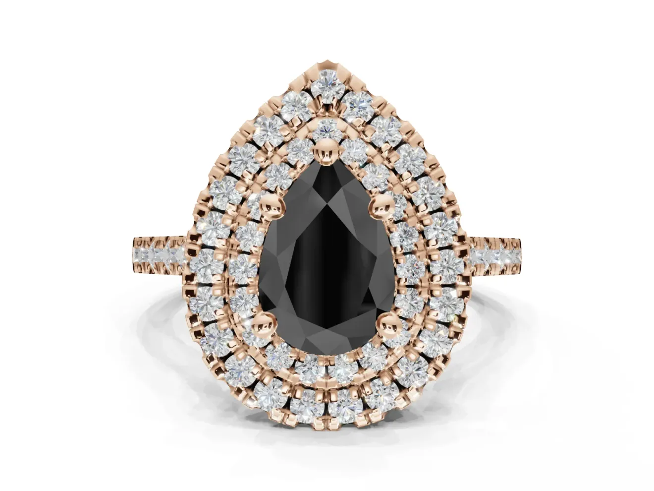 Pear-Shaped Double Halo Engagement Ring Setting for a Black Center | Pavé Shoulders | Rose Gold
