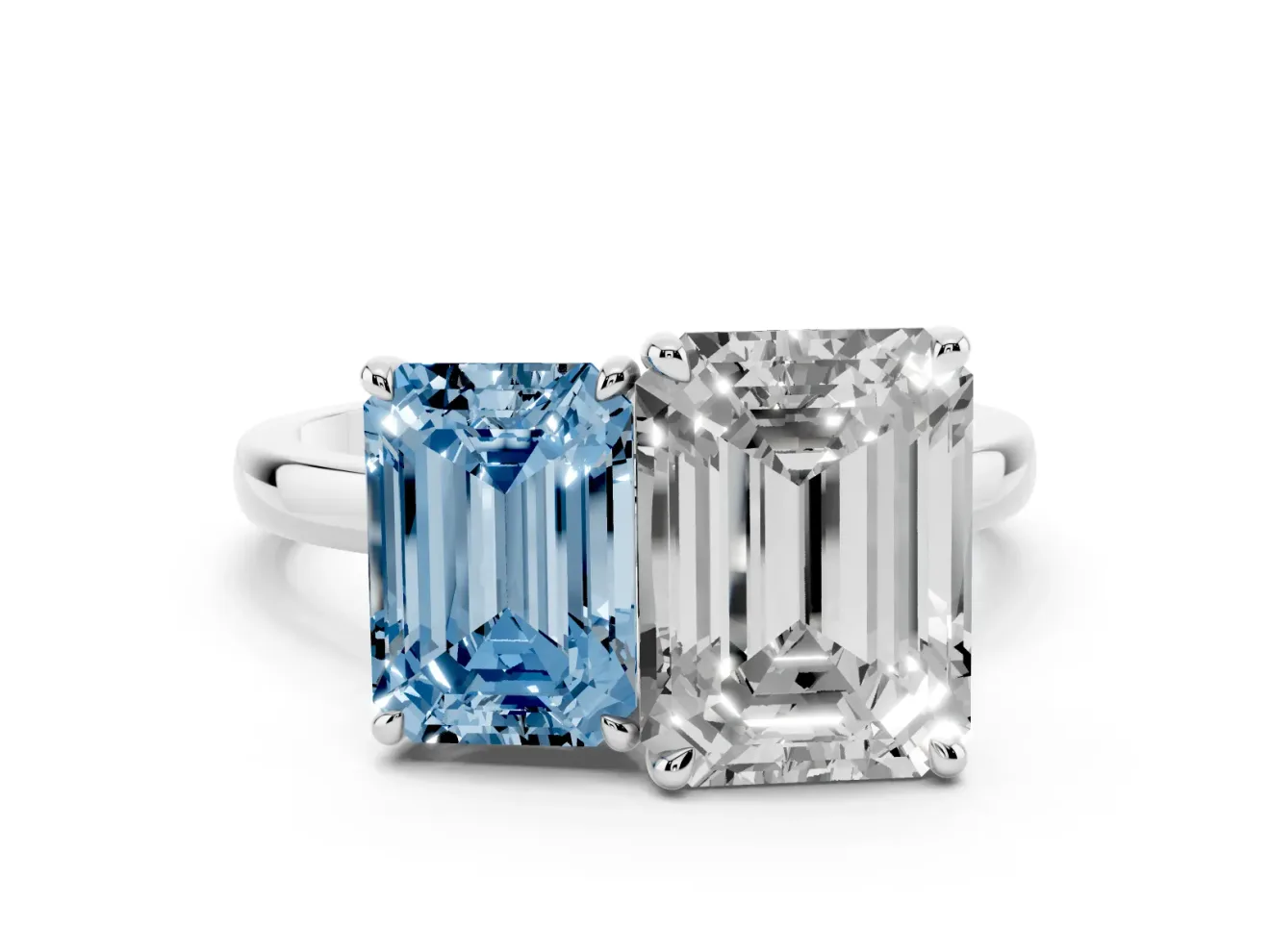 Fancy Blue Emerald Cut and Emerald Cut Toi Moi Ring Set in White gold with Prong Setting