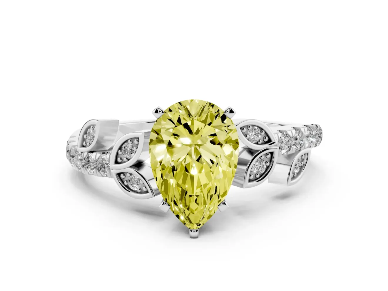 Fancy Yellow Pear Cut Diamond Solitaire Leaf-Inspired Ring Set in Silver with Pavé Band and Prong Setting