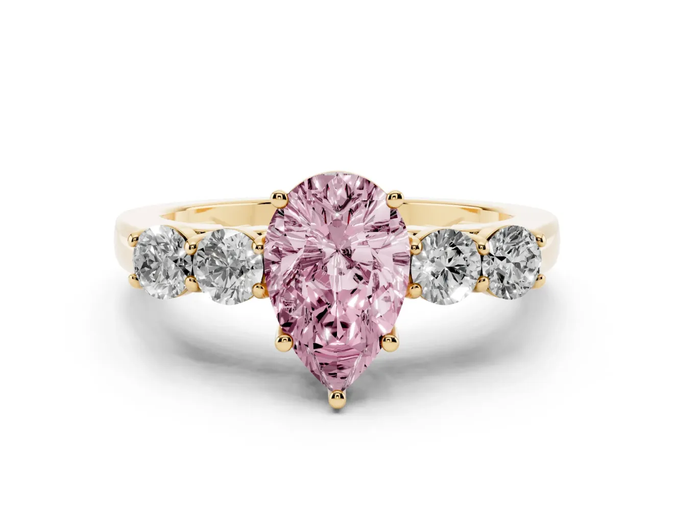 Pear-Shaped 5 Stone Engagement Ring Setting for a Fancy Pink Lab-Grown Diamond | Yellow Gold