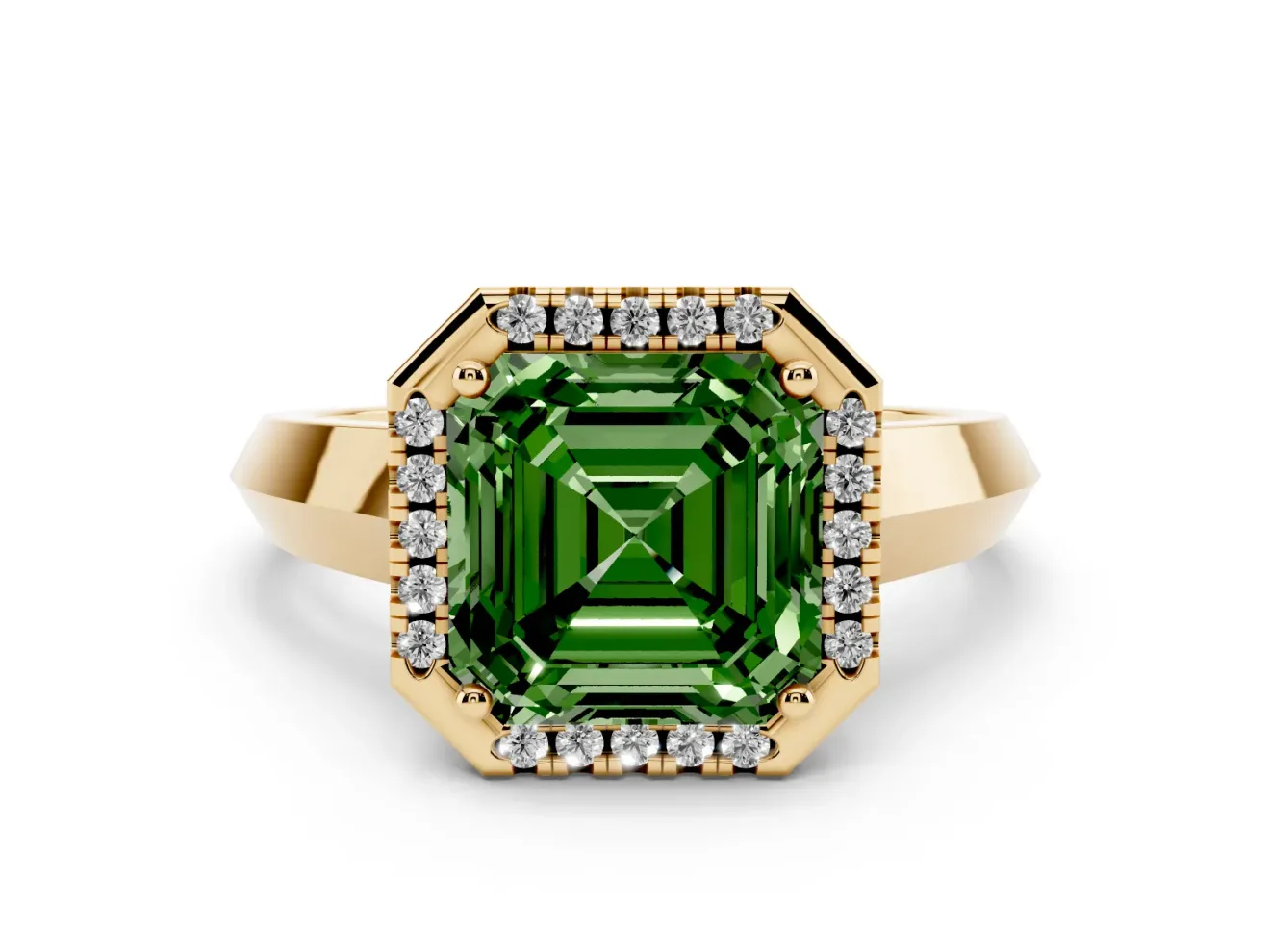 Fancy Green Asscher Cut Diamond Halo Ring Set in Yellow gold with Cathedral Band and Prong Setting