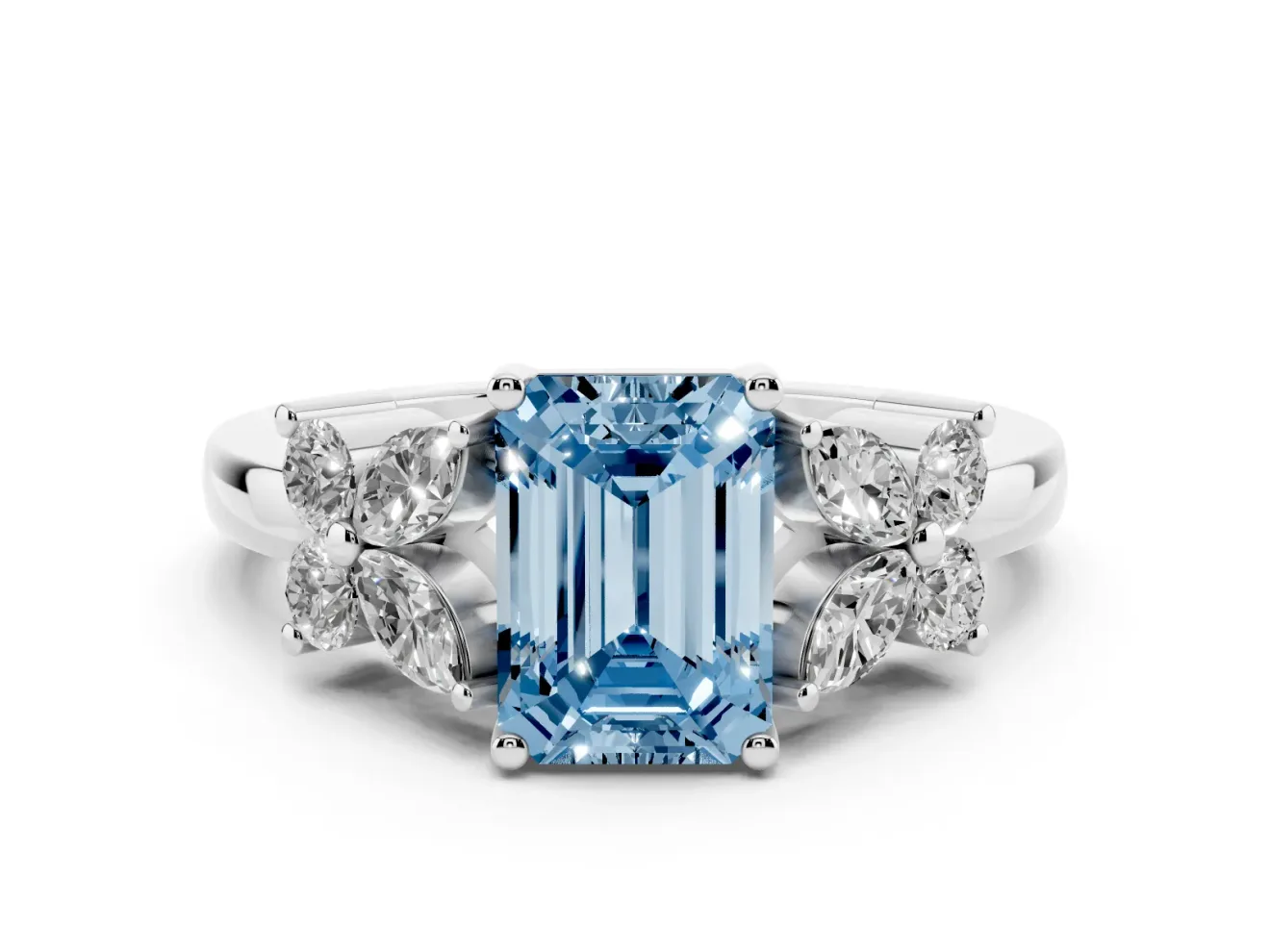 Fancy Blue Emerald Cut Diamond Floral Cluster Ring Set in Silver with Marquise Petals and Prong Setting