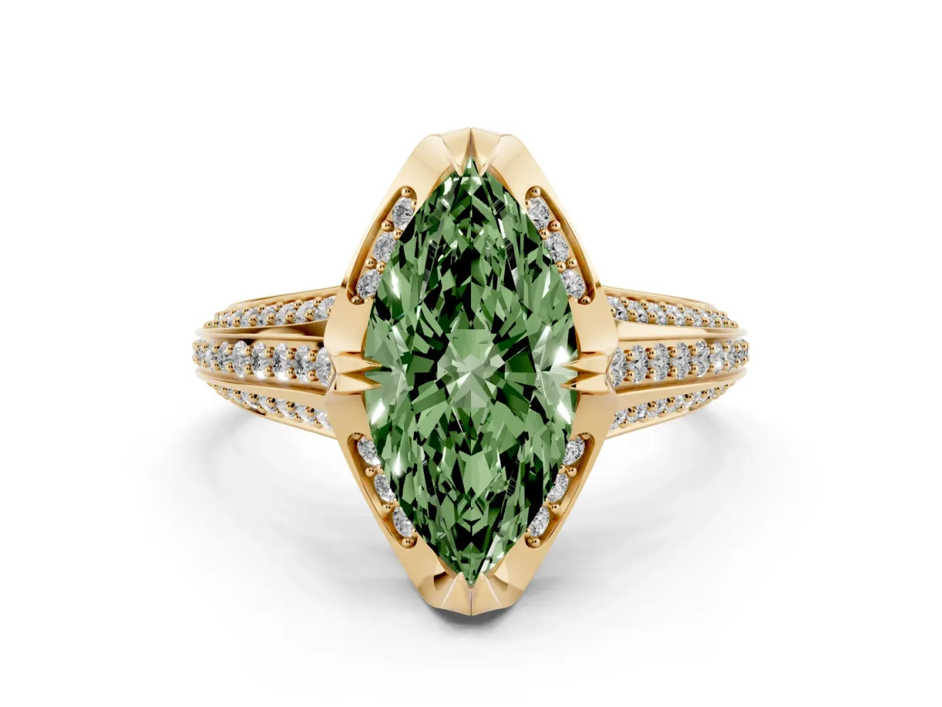 Fancy Green Marquise Cut Diamond Pavé Split Shank Solitaire Ring Set in Yellow gold with Prong Setting