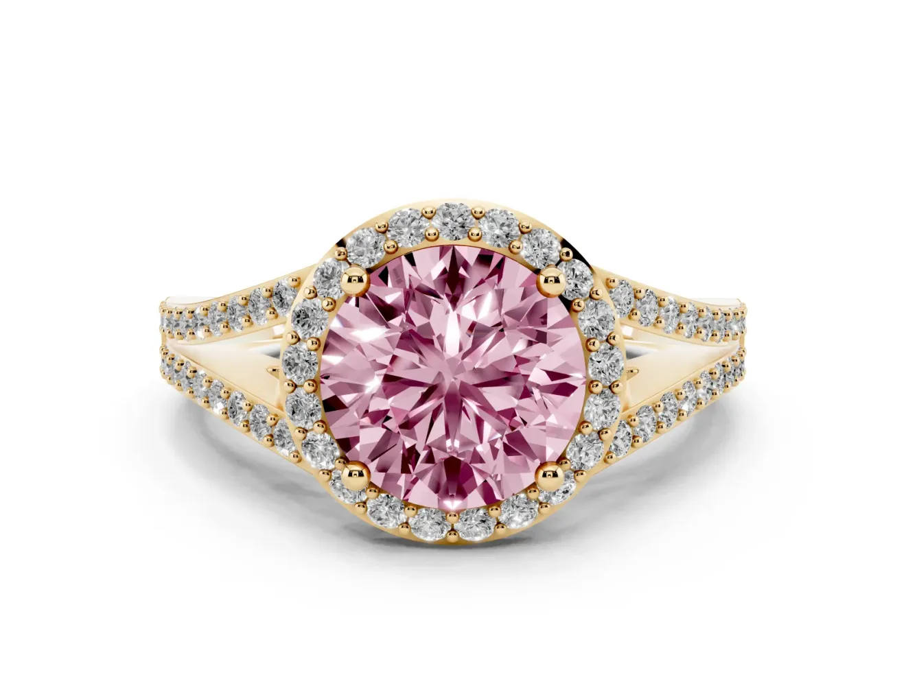 Round Halo Engagement Ring Setting for a Fancy Pink Lab-Grown Diamond | Pave Split Shank | Yellow Gold
