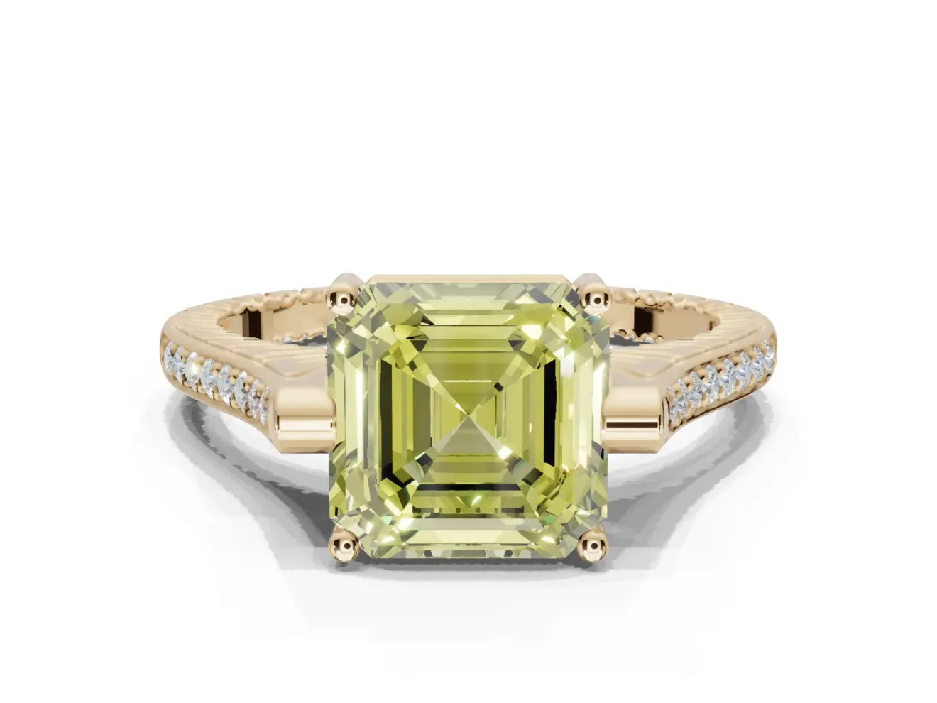Asscher Cut Vintage Cathedral Engagement Ring Setting for a Fancy Yellow Lab-Grown Diamond | Carved Band | Yellow Gold