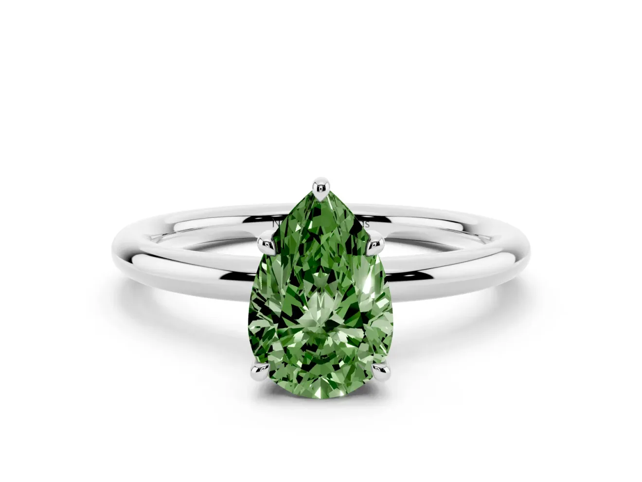 Fancy Green Pear Cut Diamond Solitaire Ring Set in White gold with Thin Band and Prong Setting