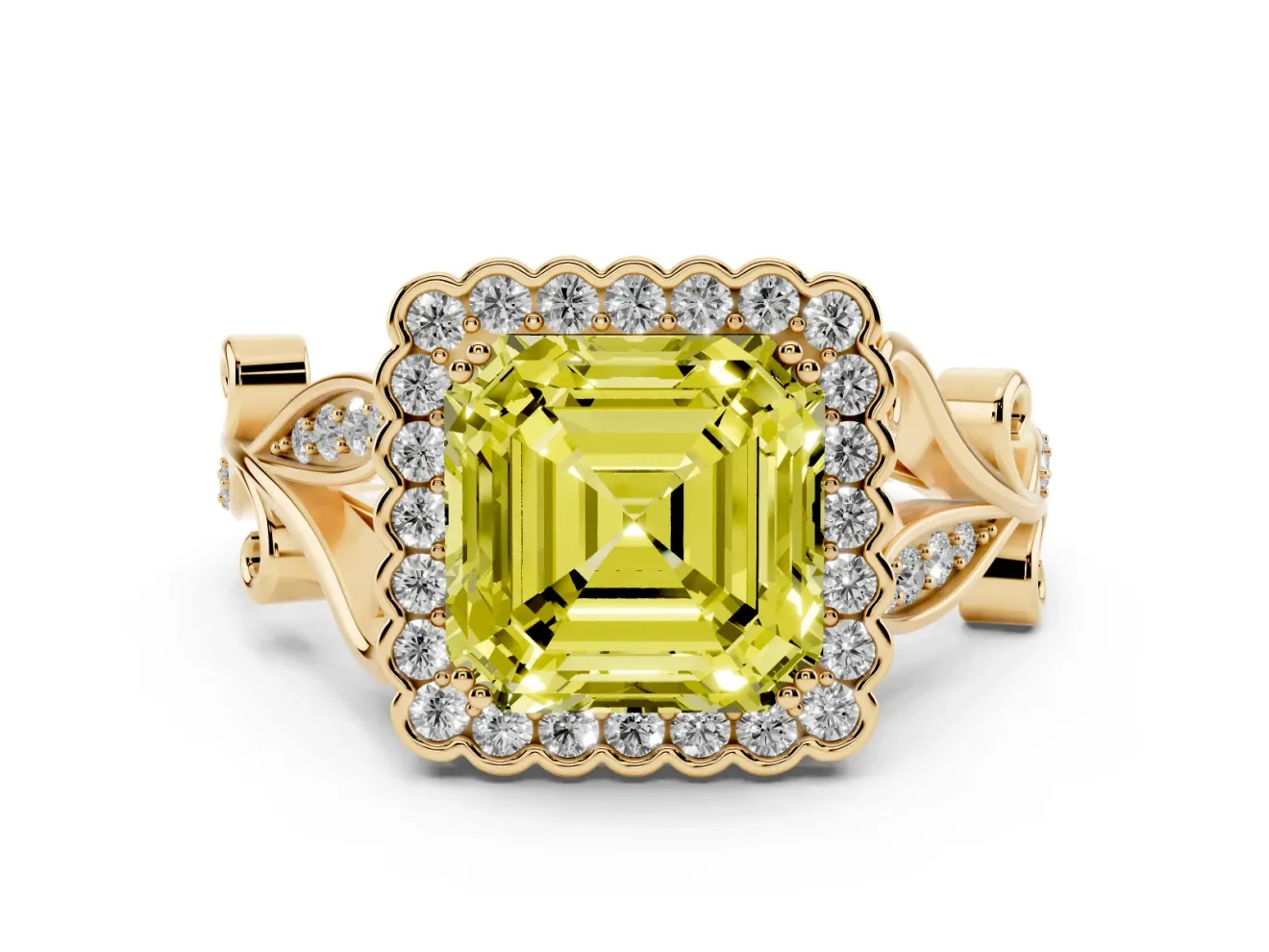 Asscher Cut Leaf Halo Engagement Ring Setting for a Fancy Yellow Lab-Grown Diamond | Yellow Gold