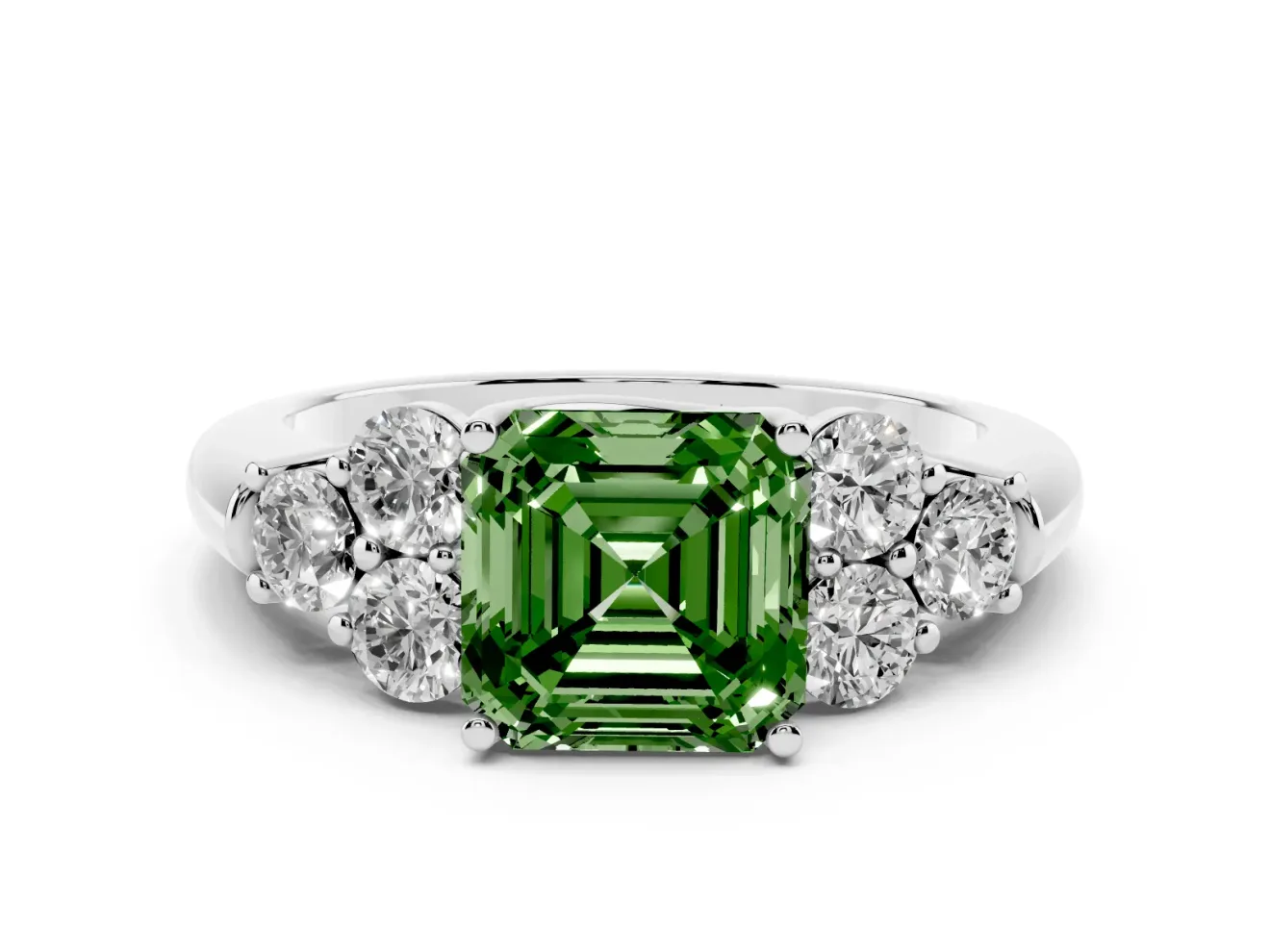 Fancy Green Asscher Cut Diamond Cluster Ring Set in White gold with Round Accent Stones and Prong Setting on a Plain Band