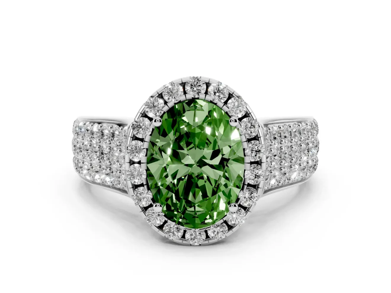 Fancy Green Oval Cut Diamond Halo Ring Set in White gold with Pavé Band and Raised Center Setting