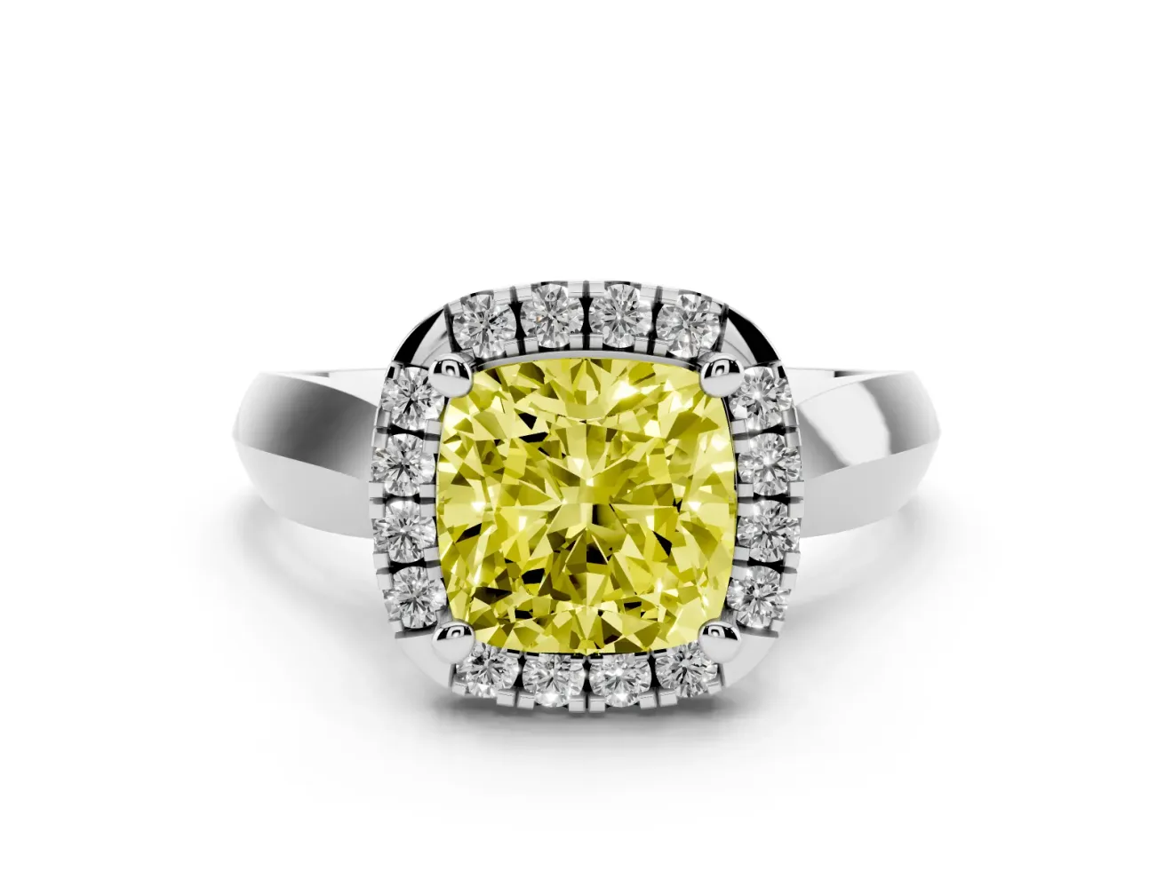 Cushion Cut Halo Engagement Ring Setting for a Fancy Yellow Lab-Grown Diamond | Square Profile Band | Platinum