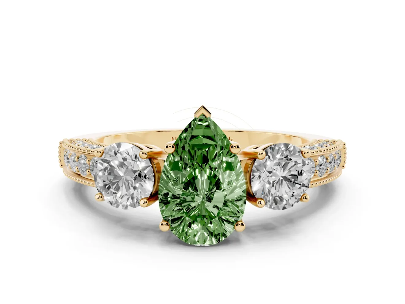 Pear-Shaped Three Stone Engagement Ring Setting for a Fancy Green Lab-Grown Diamond | Graduated Pave Band | Yellow Gold